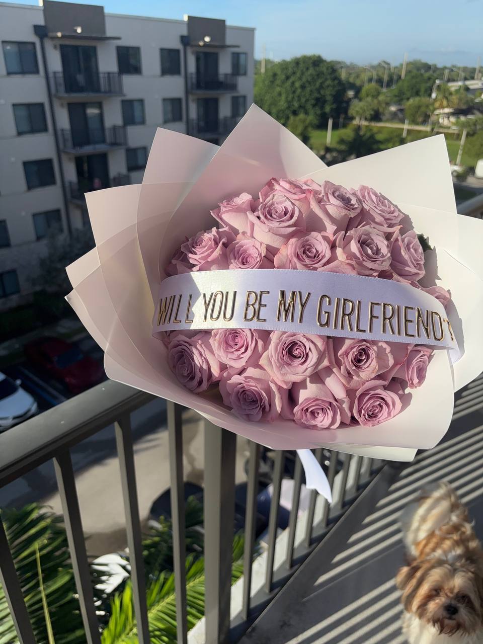 Lavender roses in white wrapping with a gold-lettered ribbon reading Will You Be My Girlfriend?